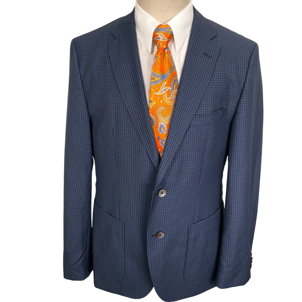Hugo Boss Blazer Mens 40R Blue Micro Houndstooth Lanificio Tesse Jacket